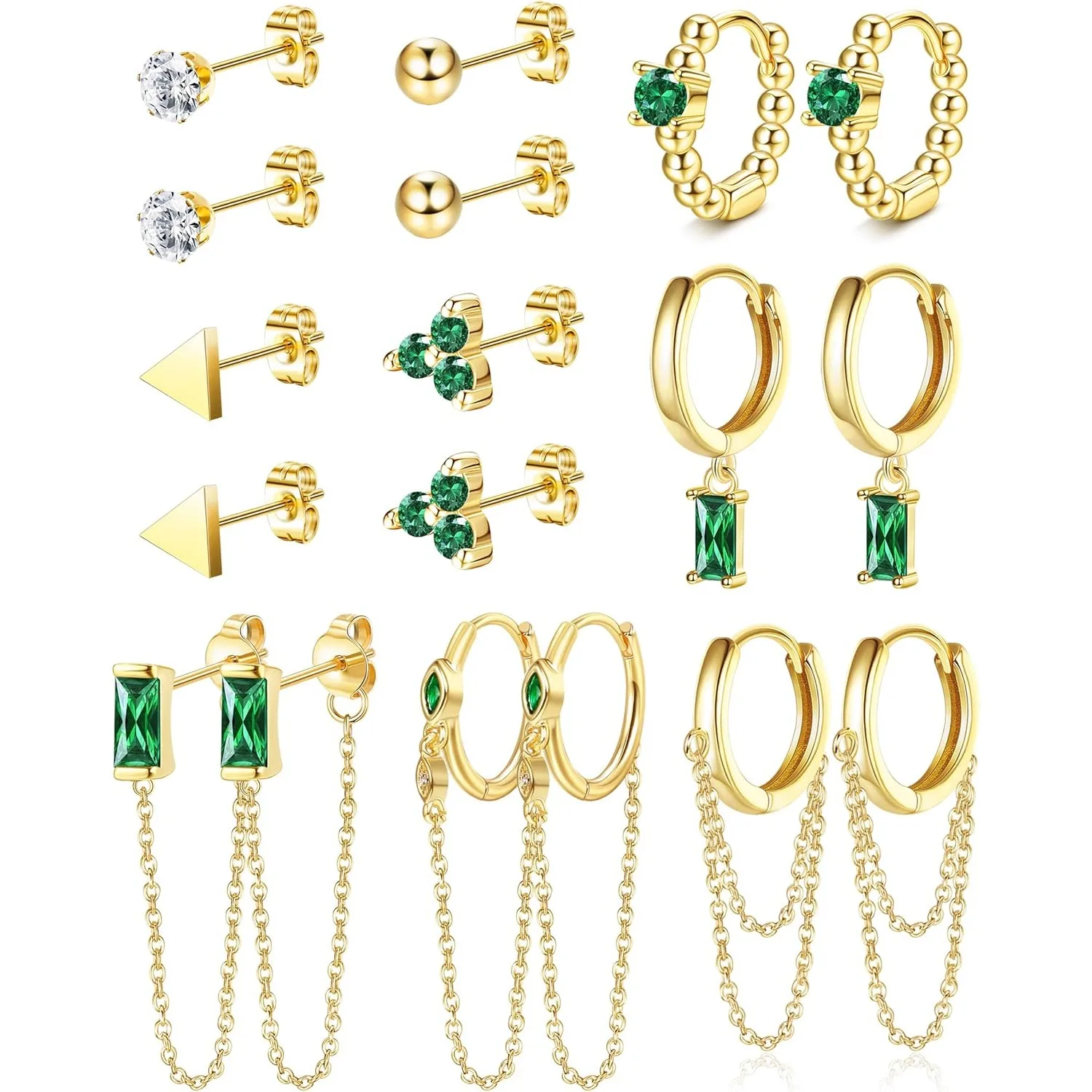 

14K Gold Plated Hoop Studs Earrings Set for Women Trendy Small Hoop Chain Earrings Green Earrings Sets for Multiple Piercing