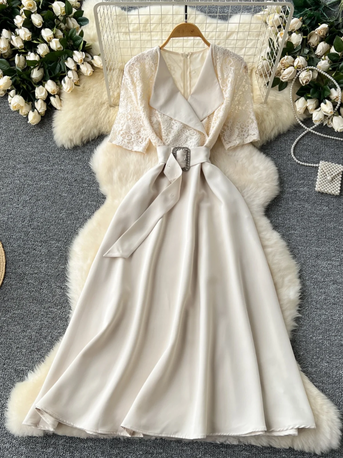 

Commute Women's Dress Lace Short Sleeve Waist Cinched Tie High Waist A-Line Midi Skirt Korean Style Suit Collar Spring Summer