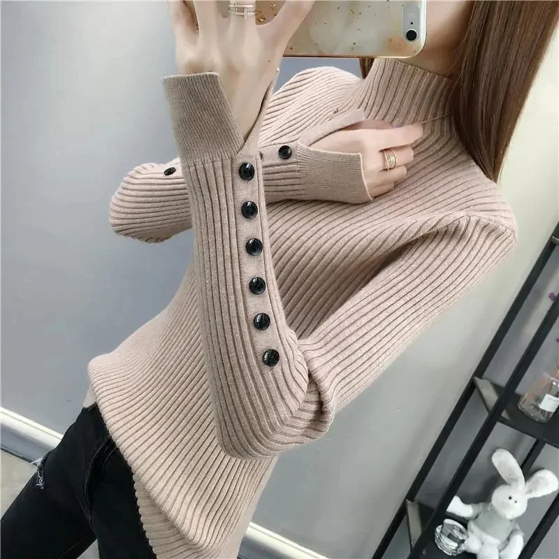 2023 novas mulheres manga longa gola alta outono vintage harajuku fino de malha de fundo coreano moda camisola feminina jumpers