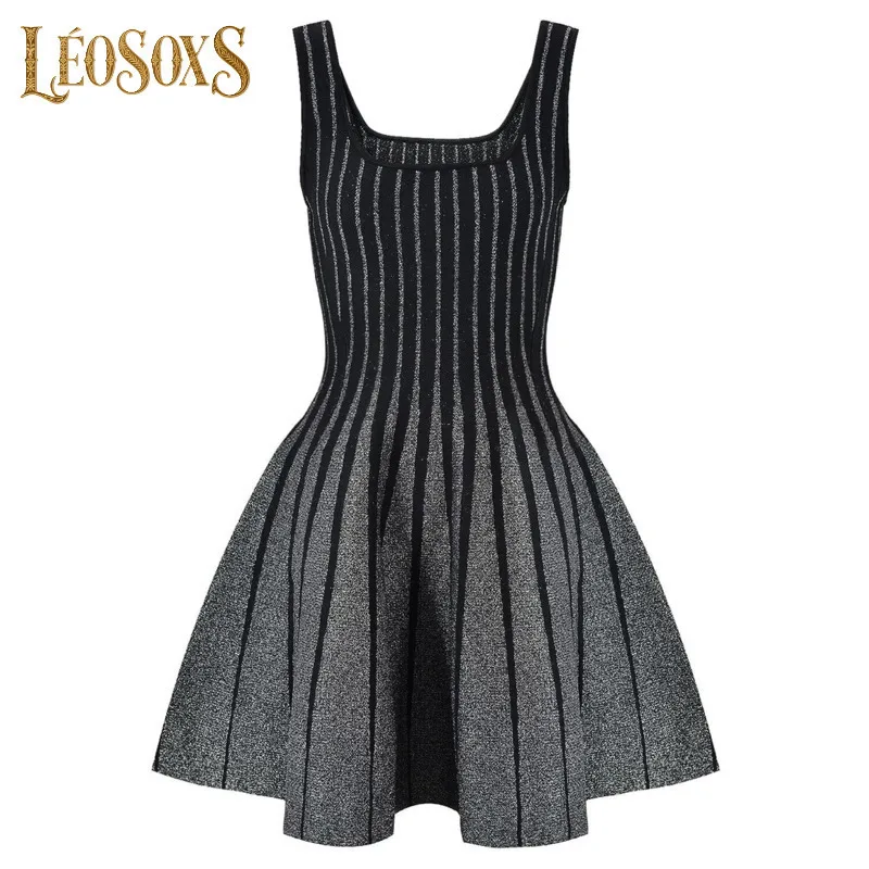 

LEOSOXS тонкие короткие трикотажные платья без рукавов с квадратным вырезом в полоску, юбки-торты, черные сексуальные женские летние платья 2025, одежда