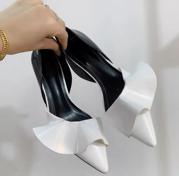 Yellow White Ruffles Side Cutout Kitten Heels Pumps Women Patent Leather falbala Patchwork Pointed Toe Mixed color Banquet Shoes