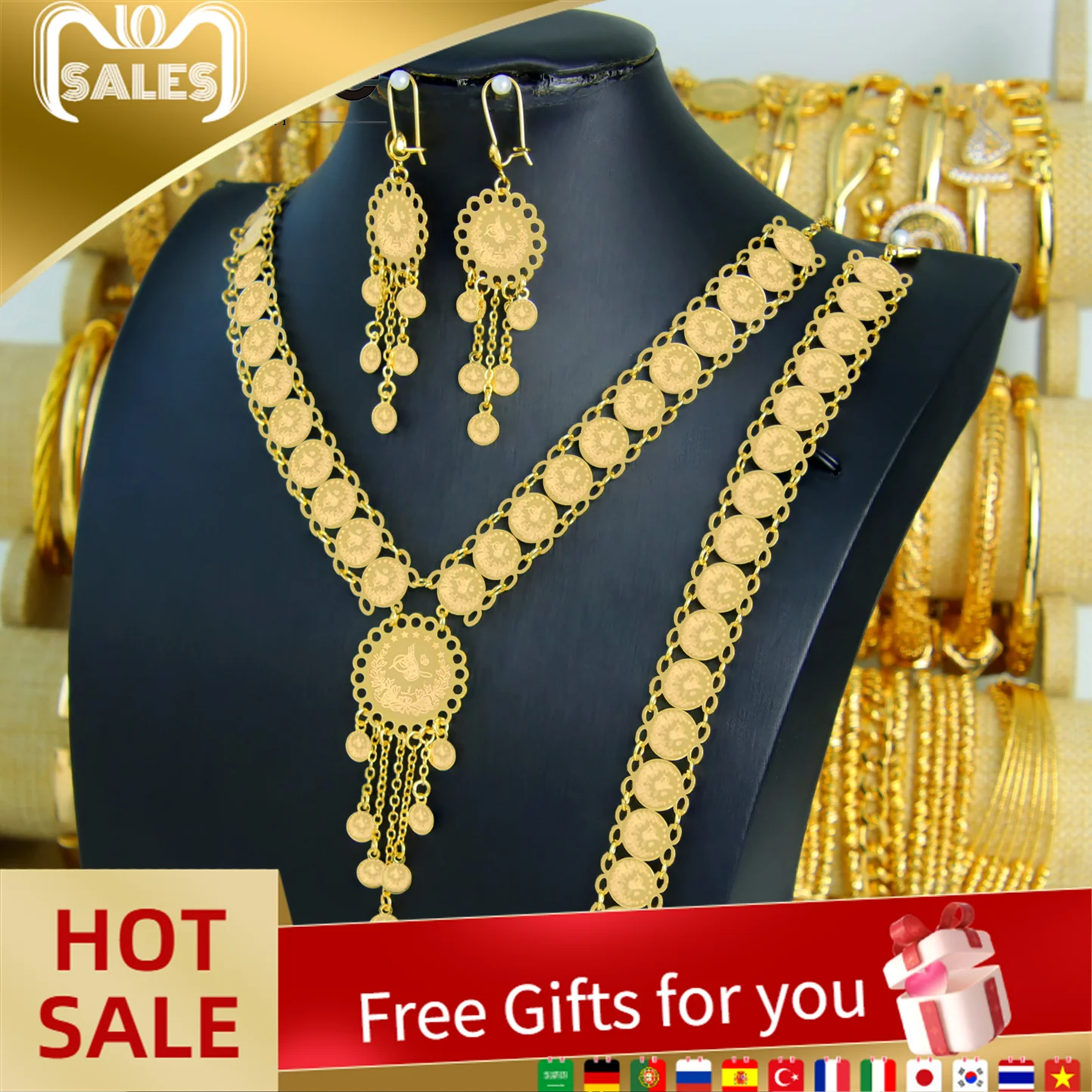 

Nigeria Wedding Jewelry Set 24k Gold Plated Kurdish Bridal Coins Necklaces Bracelet Earrings Middle Eastern Vintage Jewelrys