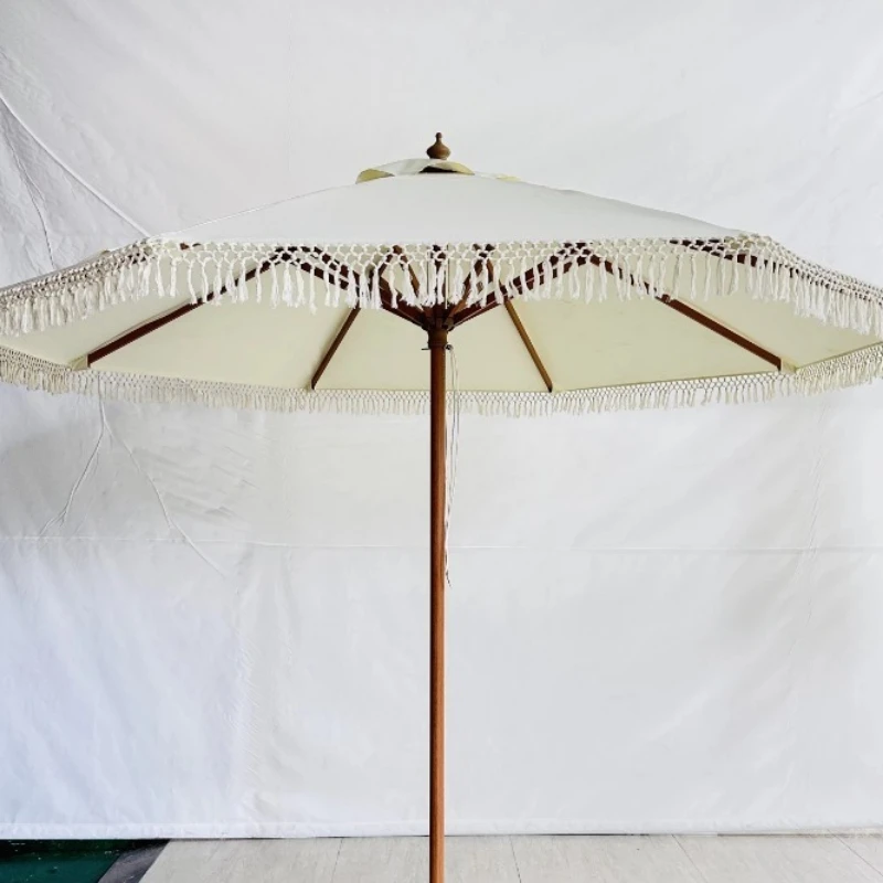 Hotel Garden Tassel Umbrella Quartz Stone Base Pulley Lifting Shade Waterproof Freestanding Parasol for Terrace Fast Delivery