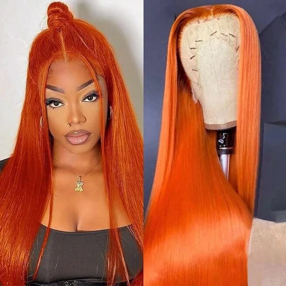 13x4 Synthetic Lace Front Wig - 24Inch Long Straight Bright Orange, Pre-Plucked Natural Hairline, Glueless, Heat Resistant