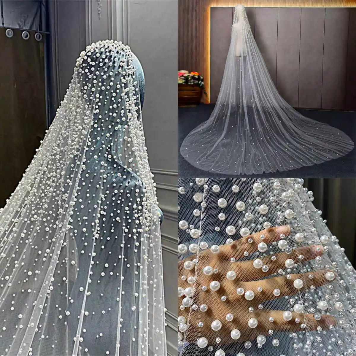 

Pearls Wedding Veil Luxury One Layer Long Cathedral Length Veils Bead Edge Velo De Cabeza For Bride Voile Castle Custom Made