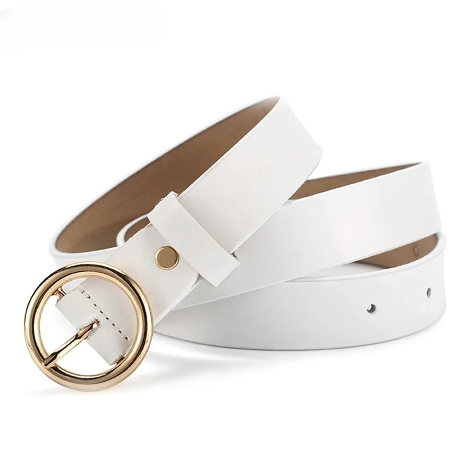 

White Woman Belt Circle Real Leather Golden Pin Buckle Belt Ladies Round Genuine Leather Cowhide Fashion Female Brand Belts