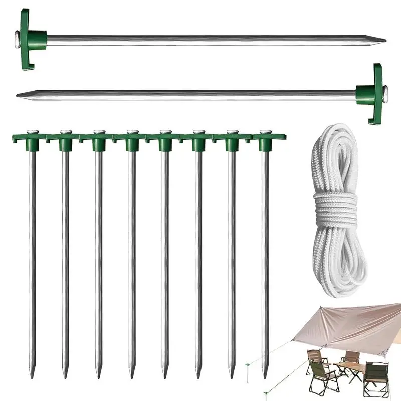 

Camping Tent Pegs 10-Piece Metal Stakes For Canopies T-Shaped Pegs With Ropes 10.25-Inch Ground Spikes For Camping Backyard Lawn