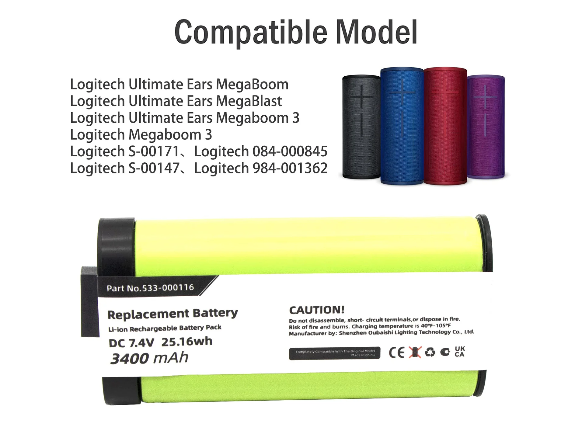 Replacement Battery for Logitech  084-000845, S-00171,Ultimate Ears MegaBlast, Ultimate Ears Megaboom 3 533-000146 7.4V/ 3400mAh