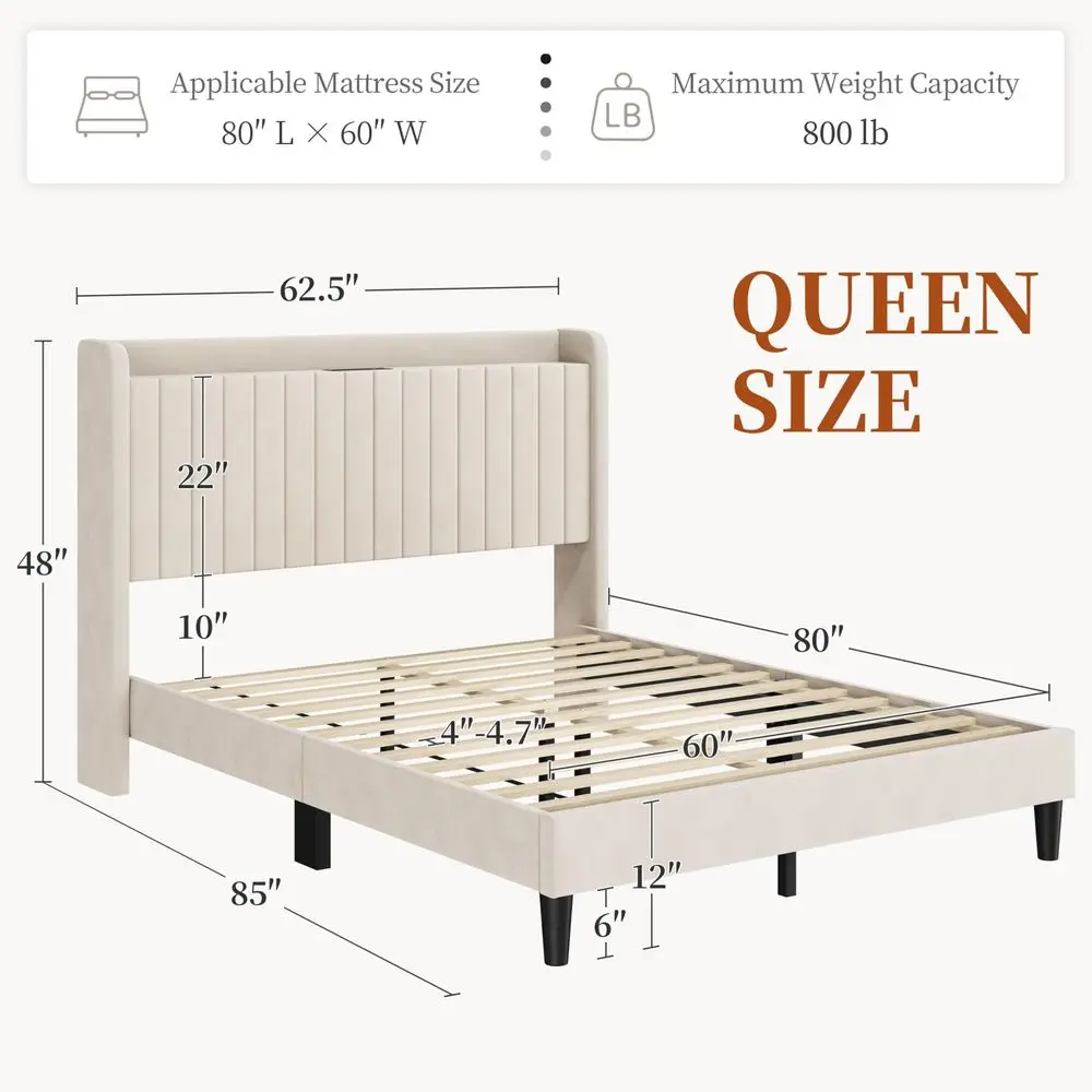 Queen Bed Frame with ChannelTufted Storage Headboard, Beige Soft velvetupholstered headboard with USB AC ports and shelf, while