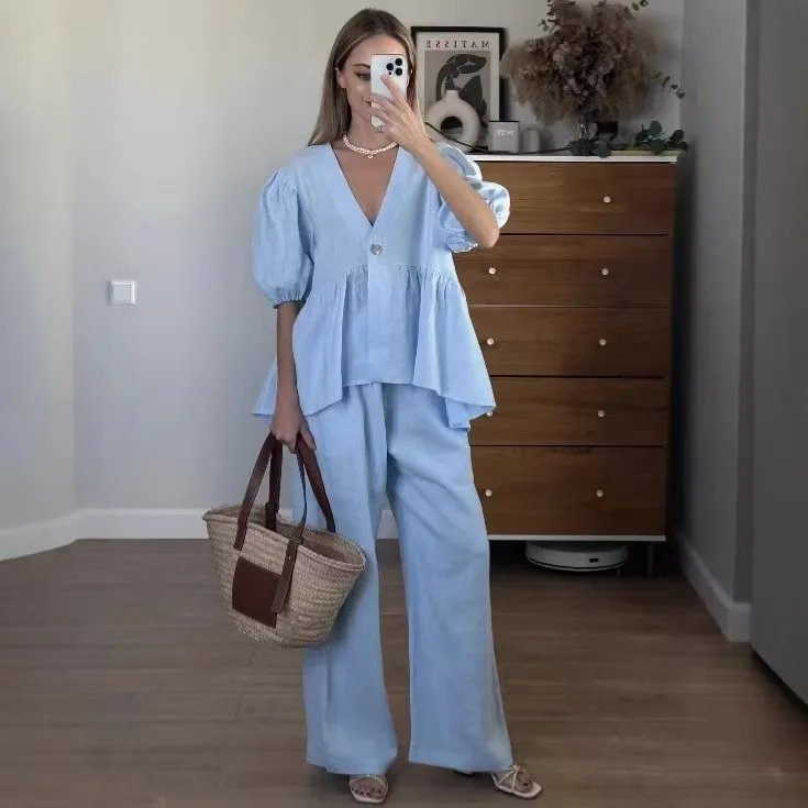 

Fashion Commuter Two Piece Set Women Loose Solid Color V-neck Lantern Sleeve Button Spliced Folds Hem Top Straight Trousers Set