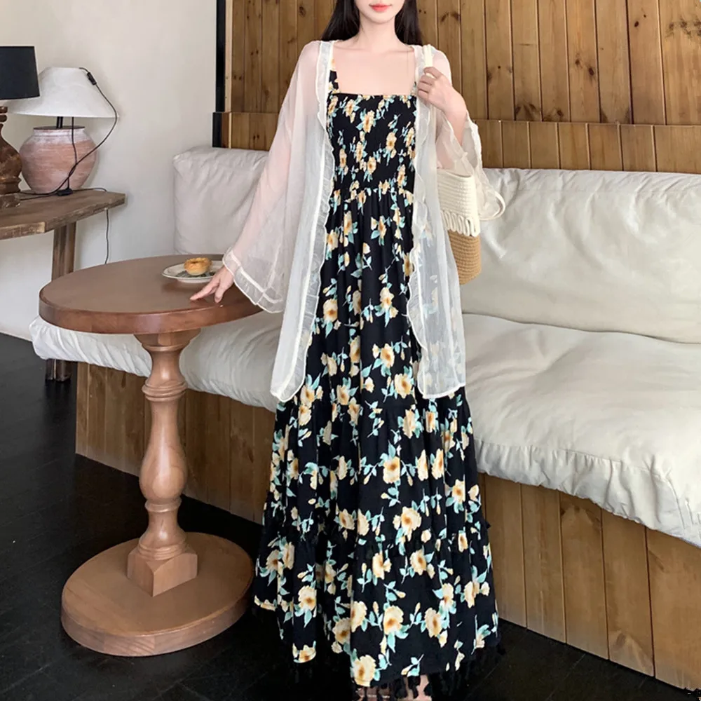 ハイウエスト花柄プリントマキシ丈サマーシンベールオープンカーディガンセット大きいサイズビーチウェア韓国風Aラインドレス