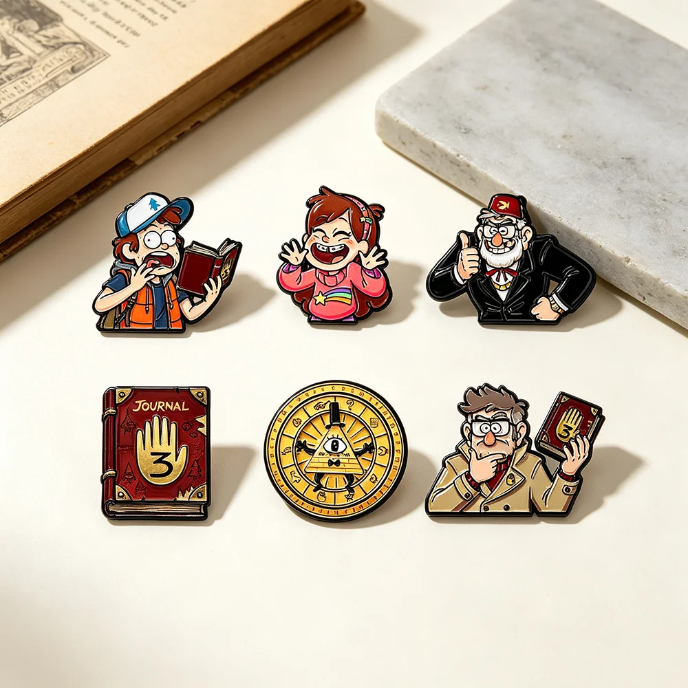 6-teiliges Gravity Falls Emaille-Pin-Set, Cartoon-Charakter-Reversnadeln, Journal Book & Bill Cipher Broschen für Rucksäcke und Kleidung – Detail 4