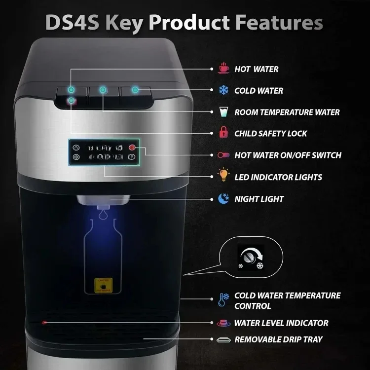 home.Dispenser with Built-in 4-Stage Filtration, Hot/Cold/Room Temp, Self Cleaning, Stainless Steel