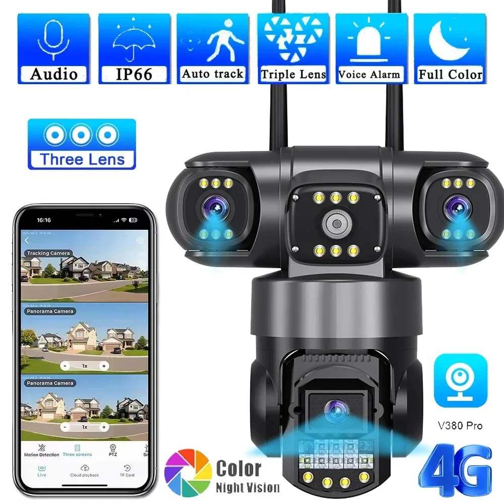 Tri-lens 4G Network Camera 3 Lens Security Protection CCTV Cameras Outdoor Wireless Waterproof Smart Home PTZ Video Surveillance