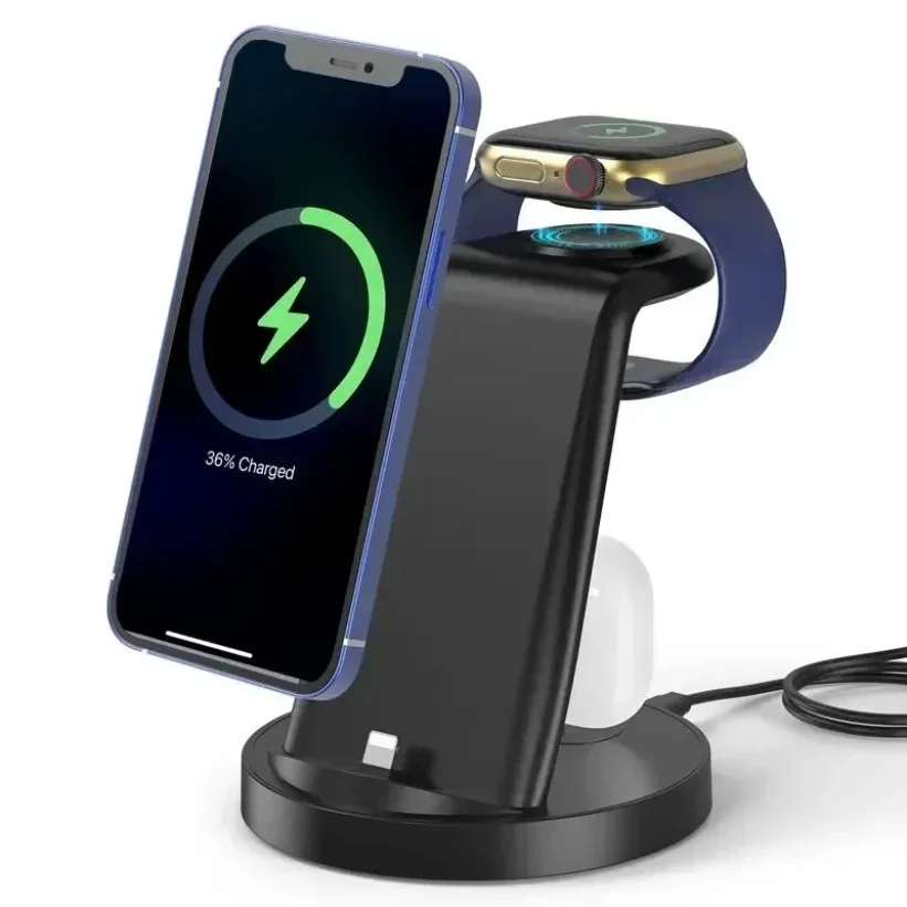 Portable Wireless Charger For iPhone Apple Watch AirPods 4 In 1 Stand Fast Station Dock USB Safe Black White Case view 6