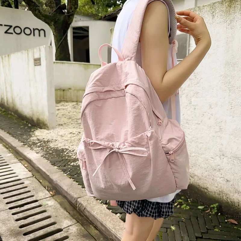 Women Students Simple Solid Casual Schoolbags Y2k Aesthetic All Match Vintage Backpack Preppy Fashion Trendy Chic Bow Backpacks