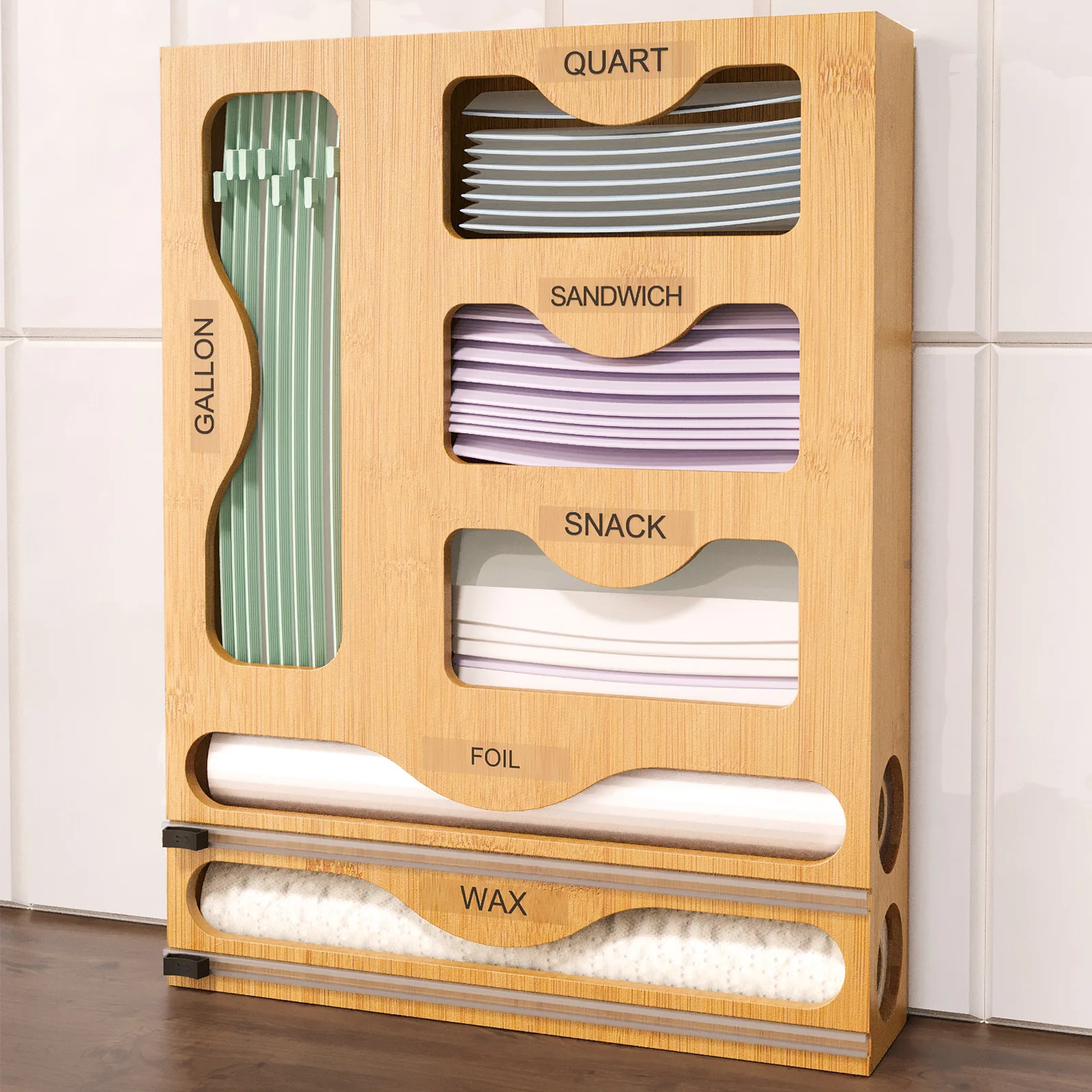 Küche Lagerung Regal Kunststoff Wrap Dispenser Mit Cutter Bambus Ziplock Beutel Organizer Und Folie