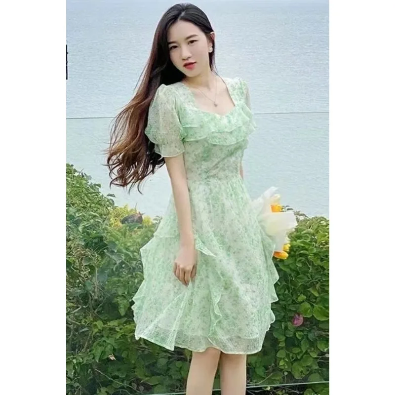 Damen Blumen-Chiffon-Minikleid mit Puffärmeln