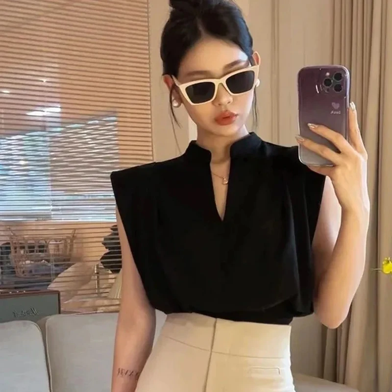 White Elegant V Neck Blouses Women Korean Chic Folds Sleeveless Shirts Fashion Office Lady Casual All Match Crop Tops New