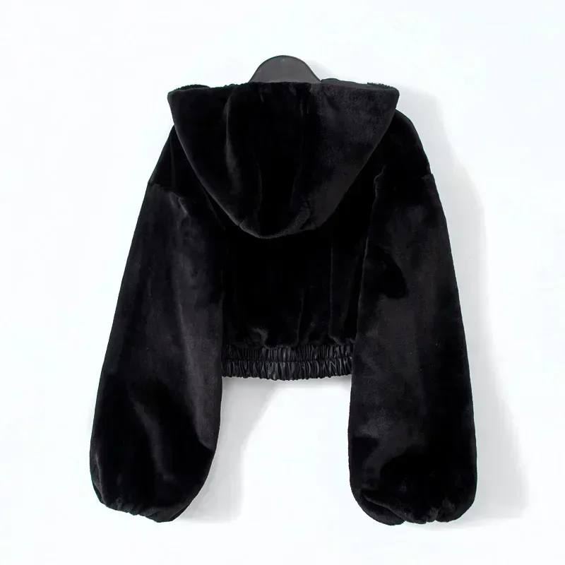 Abrigo Bomber de piel de conejo sintética con cremallera, chaqueta de felpa con capucha peluda de cintura alta, Parkas de forro polar, ropa de calle
