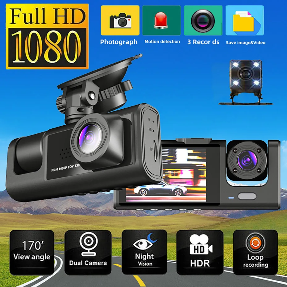 Car DVR 3 Cameras HD 1080P 2.0 Inches Dash Cam Car Video Recorder Dash Cam 24H-Video Parking Monitor Black Box Car Assecories