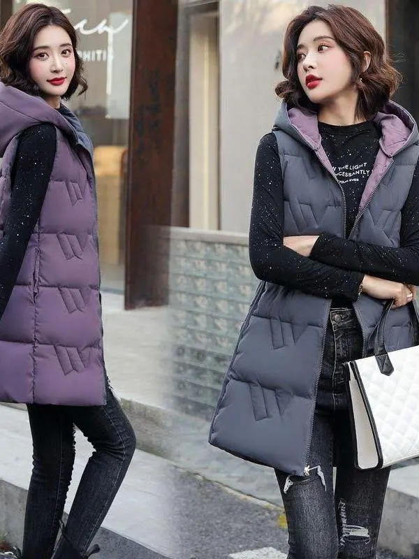 เสื้อกั๊กผ้าฝ้ายมีฮู้ดสำหรับผู้หญิง ความยาวปานกลาง 2-in-1 ให้ความอบอุ่น ฤดูใบไม้ร่วง ฤดูหนาว ดีไซน์เกาหลี ทรงเข้ารูป แฟชั่นใหม่