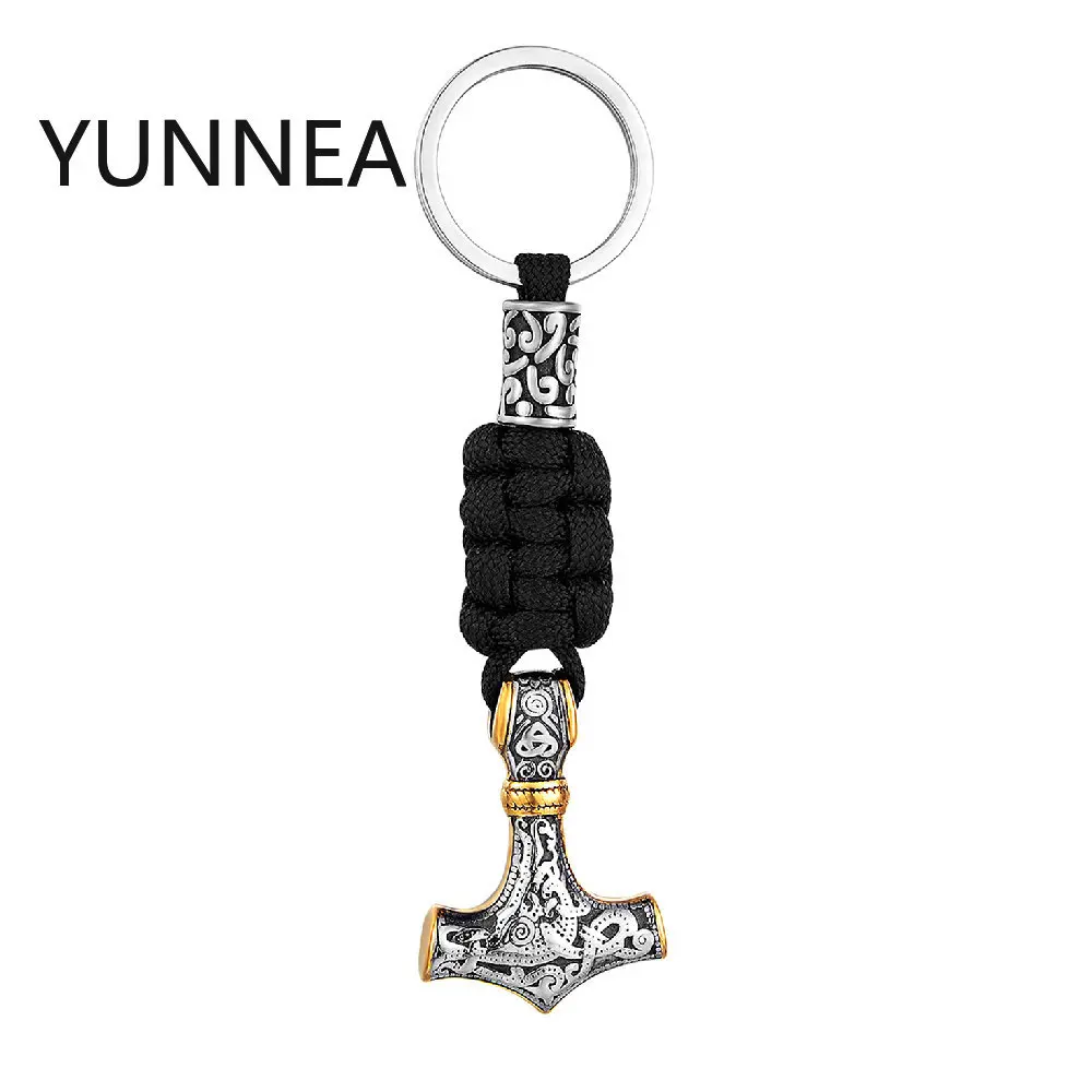 Vikings Thors Hammer Survival Rope Keychain Men's Stainless Steel Anchor Knife Pendant Paracord Keyring Handmade Norse Jewelry