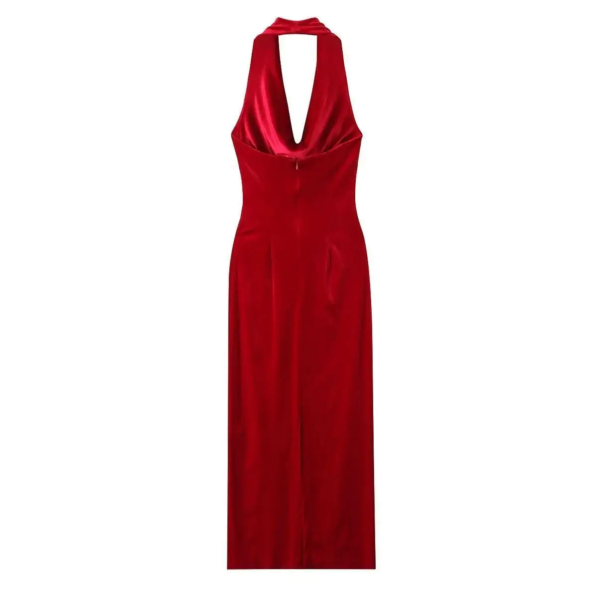 Women Halter Backless Velvet Dress Swinging Collar Split Red Dresses