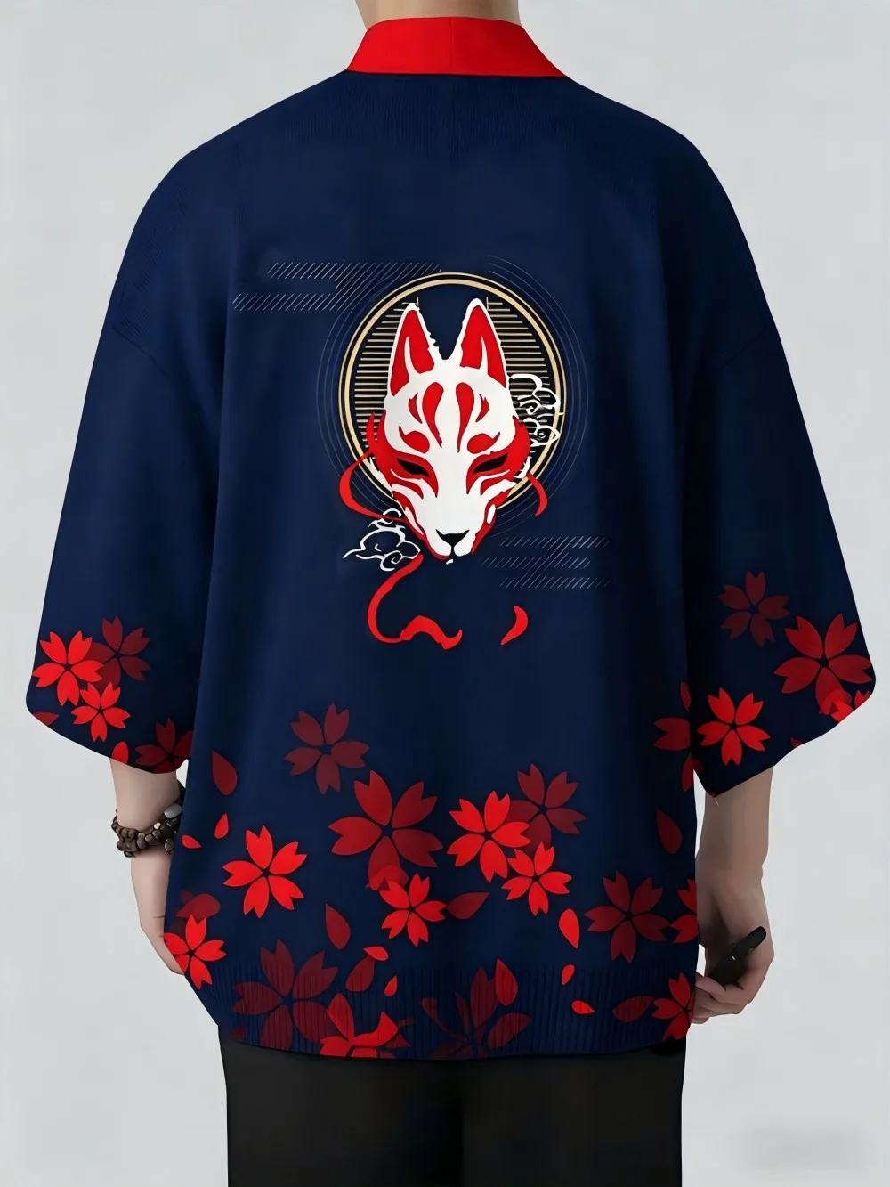 European and American men's summer fox cherry blossom print comfortable and breathable kimono outdoor casual traditional top
