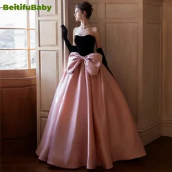 BeitifuBaby Women's Evening Dresses French Style Light Luxury Strapless Bow Patchwork Ball Gown Banquet Party Dresses Vestidos