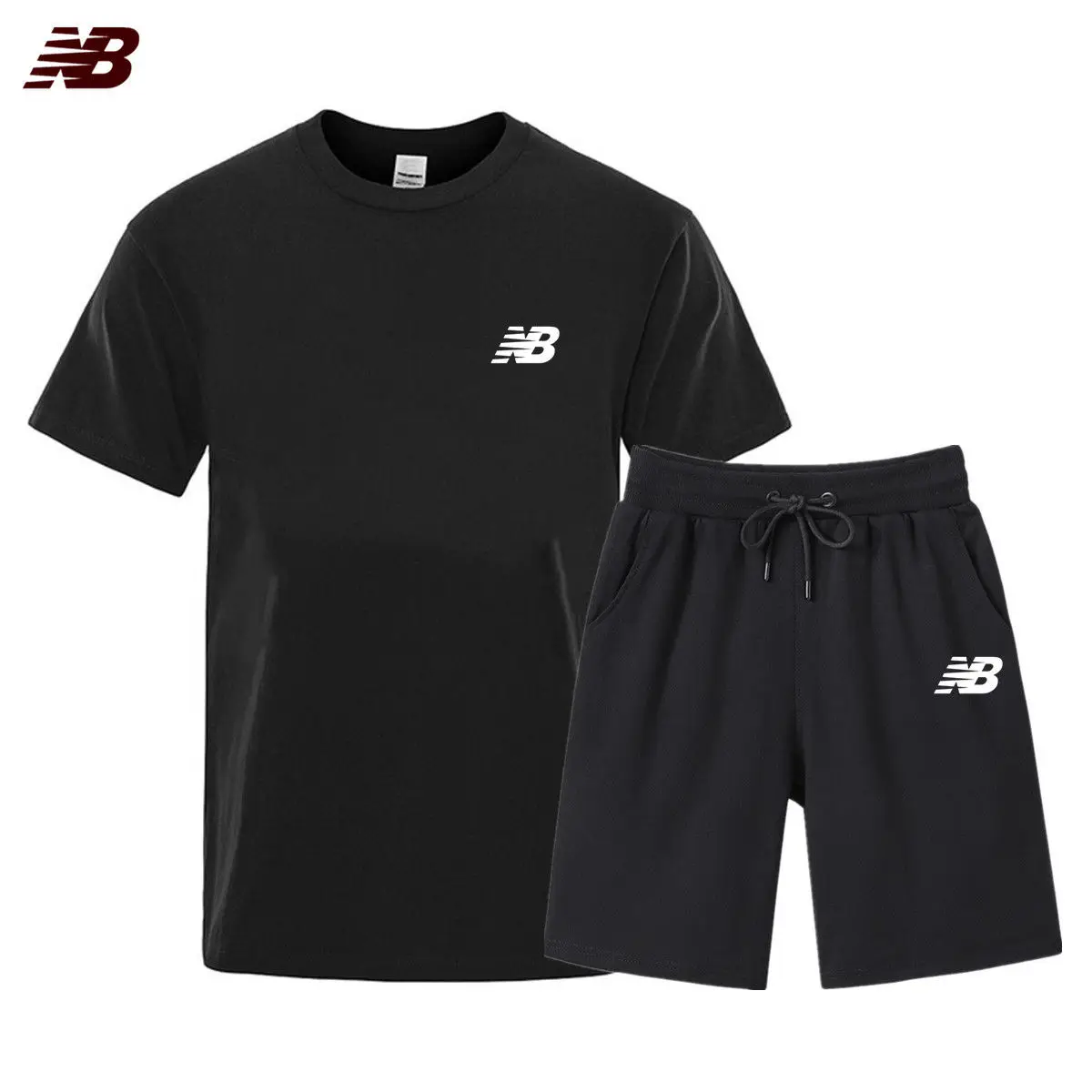 

European and American New Summer Men's Pure Cotton Crew Neck T-shirt Five-point Shorts Printed Sports Short-sleeved Set