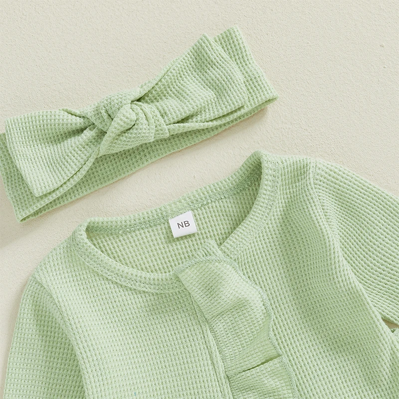 Baby Girl Fall Outfit Ruffle Trim Long Sleeve Full Length Zipper Footed Romper Bow Headband image 3