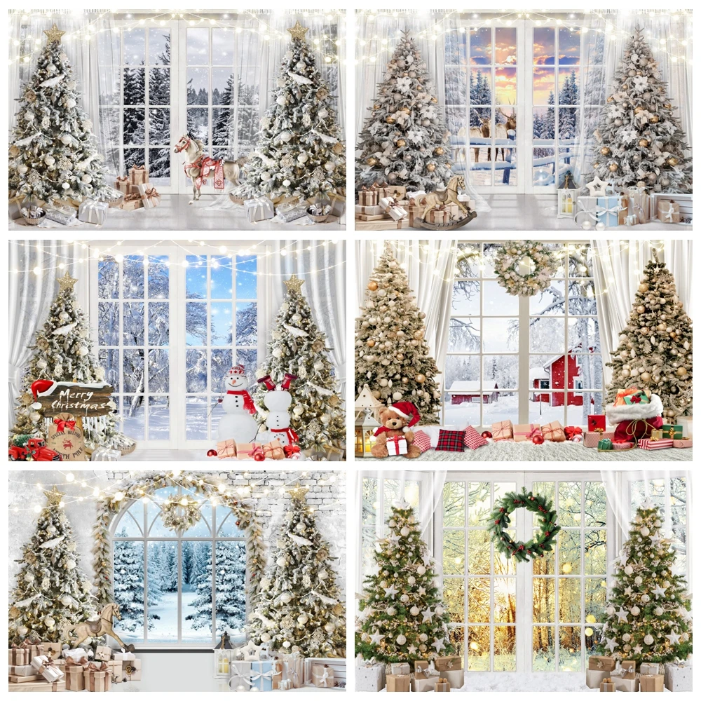 

Winter Christmas Photography Backdrop White Wood Window Snow Forest Scene Xmas Tree Background Baby Family Portrait Photo Props