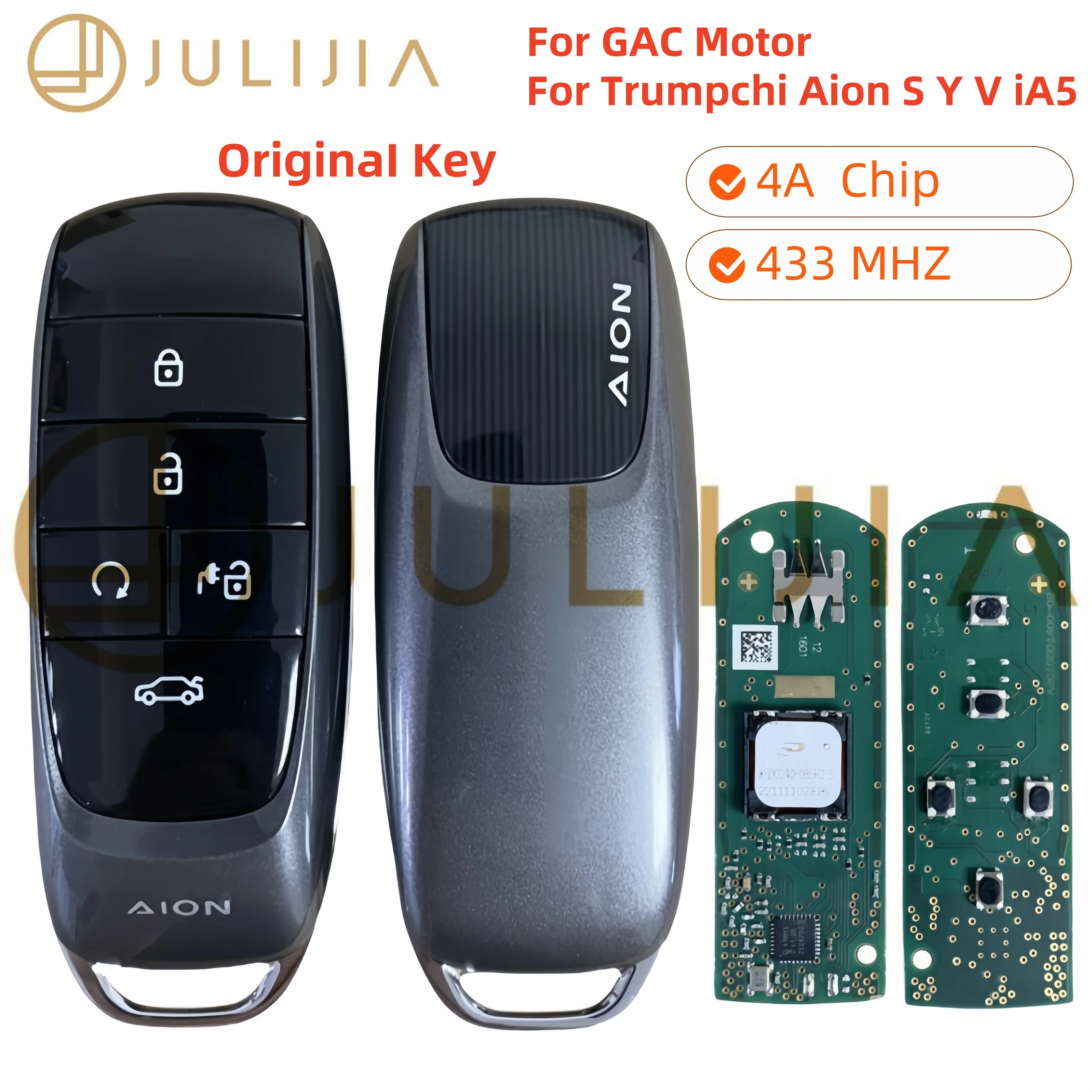 

Оригинальный смарт-брелок JULIJIA с дистанционным управлением, автомобильный ключ 433 МГц, чип 4A для двигателя GAC для Trumpchi Aion Y Aion S AION V IA5, без ключа Go