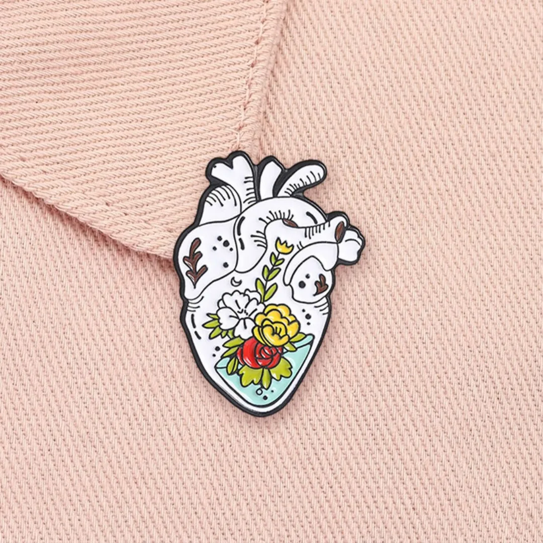 Vintage Tattoo Floral Anatomy Heart Enamel Pin Medical Cartoon Brooch Drawn Vascular Graphic Badge For Clothing Ornament Gift