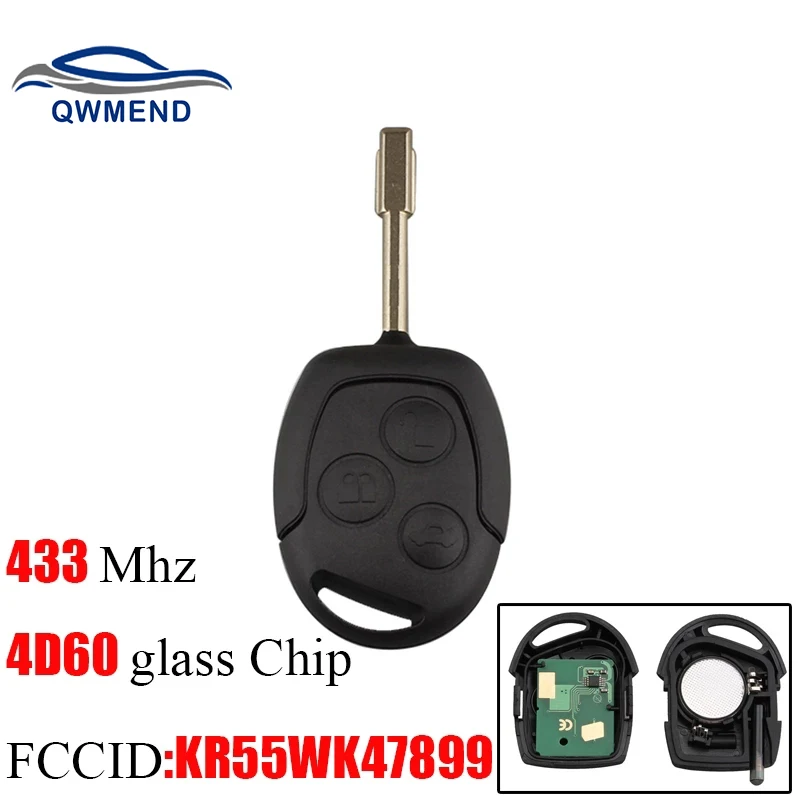 

QWMEND 3Buttons Replacement Remote Car Key Fob Transponder Chip 4D60 433Mhz For Ford Mondeo Focus Transit Full Complete Key