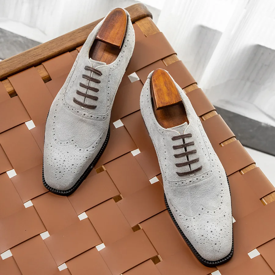 Fashion Cow Suede Mens Wedding Brogues Shoes Luxury Genuine Leather 2025 Autumn British Style Handmade Quality Dress Shoes Man