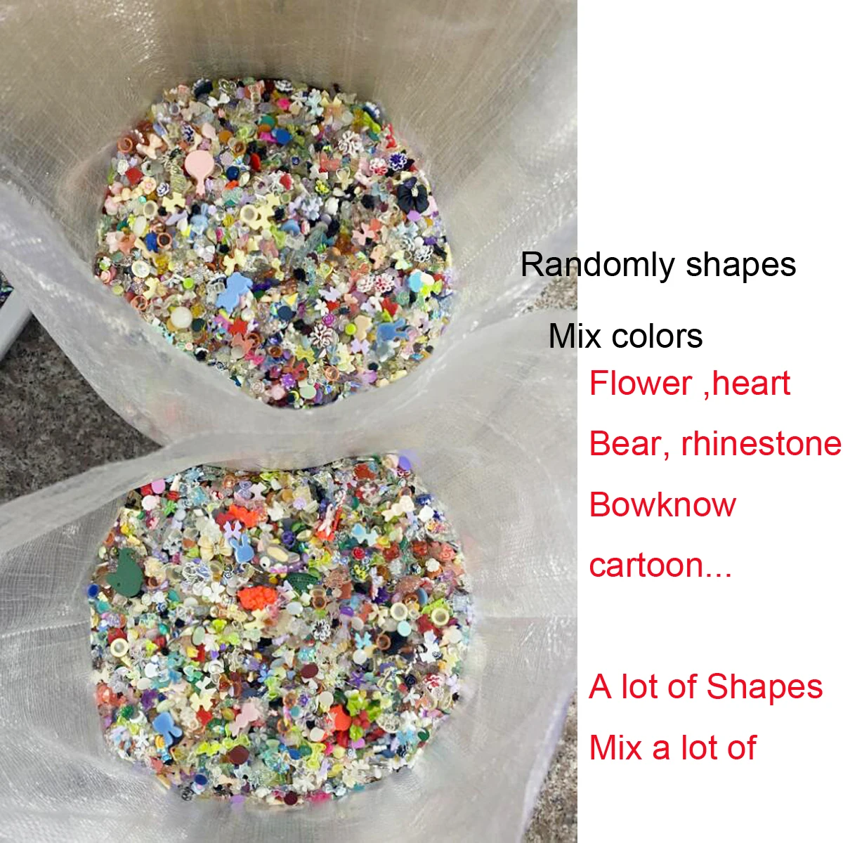 50g 3D zufällige gemischte Harz Schleife/Diamant Nail Art Charms Cartoon Formen Herz/Blume/Band Strass niedlich DIY Maniküre Zubehör – Detail 4