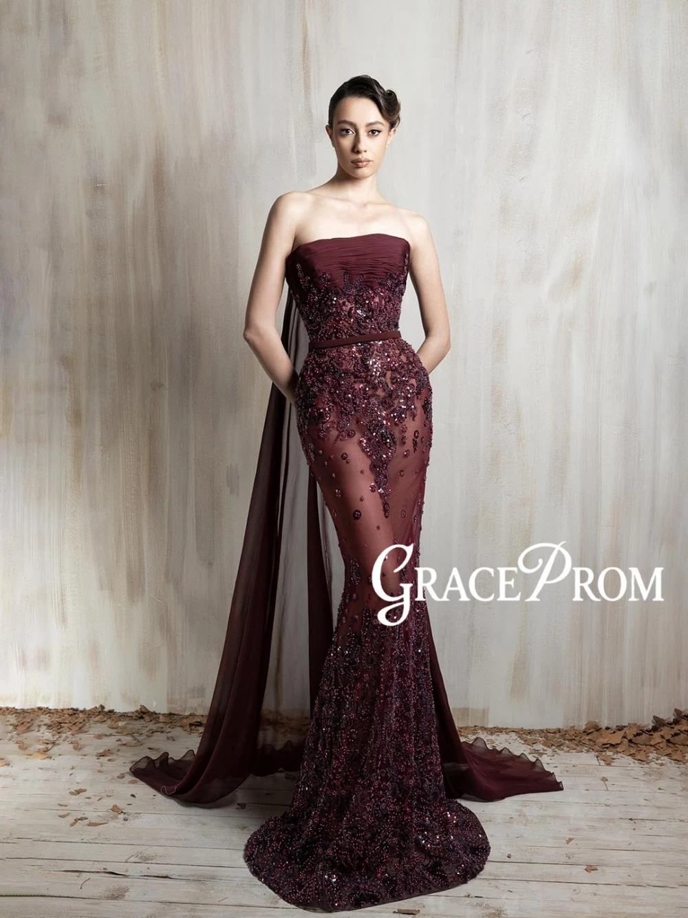 

Elegant Beaded Strapless Mermaid Evening Gown Burgundy Sheer Formal Cocktail Dress With Shoulder Drape For Prom Wedding Guest