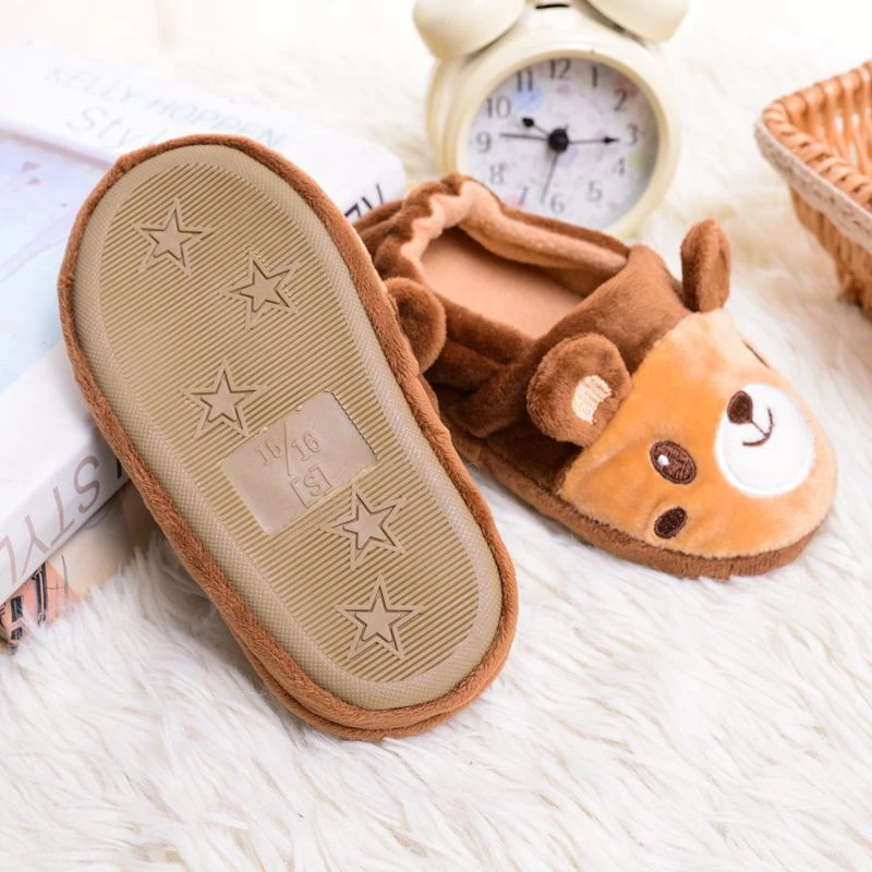 New Toddler Boy Slippers Indoor Winter Plush Warm Little Kid House Footwear Cartoon Brown Bear Rubber Sole Home Shoes Baby Items