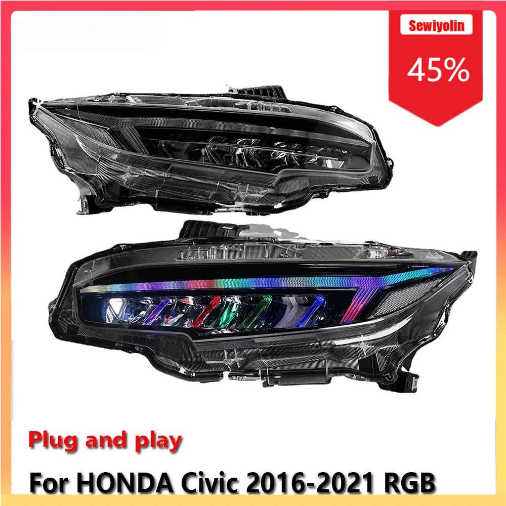 

Автомобильные светодиодные фары, автомобильные детали для HONDA Civic 2016-2021, RGB, противотуманные фары DRL, стоп-сигнал поворота, лампа Plug and Play