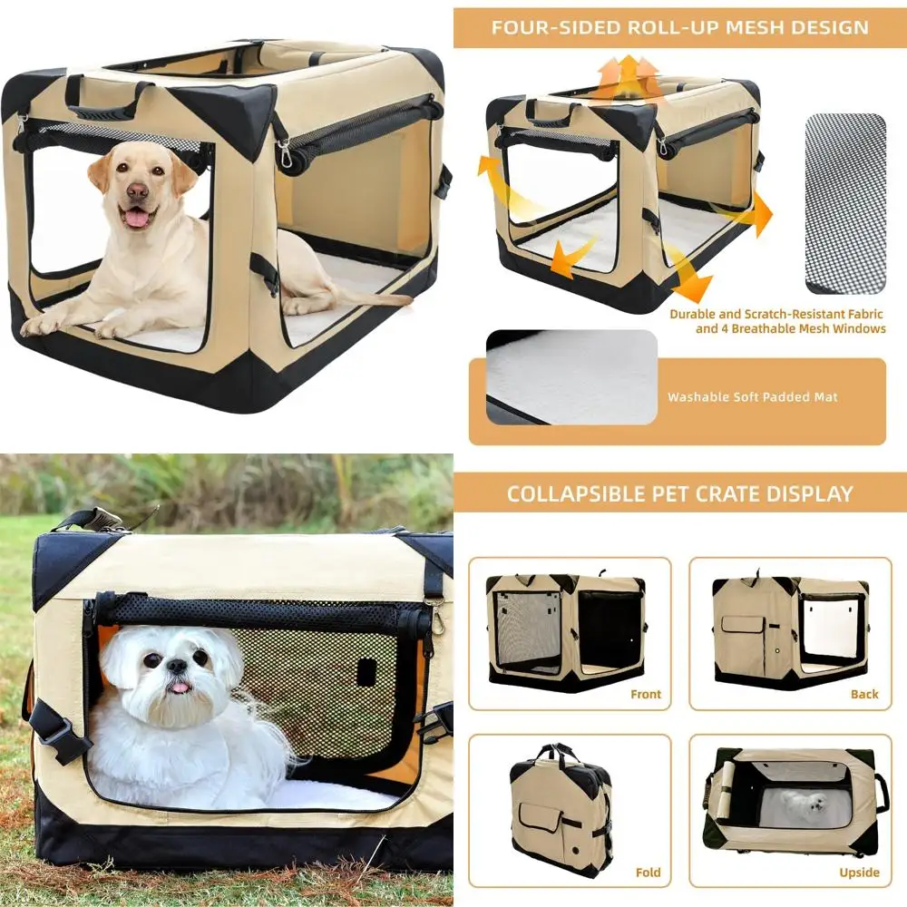 

Collapsible 42 Inch Dog Crate for Large Dogs - 4-Door Foldable Soft Kennel with Chew-Resistant Mesh Windows, Suitable for Indoor