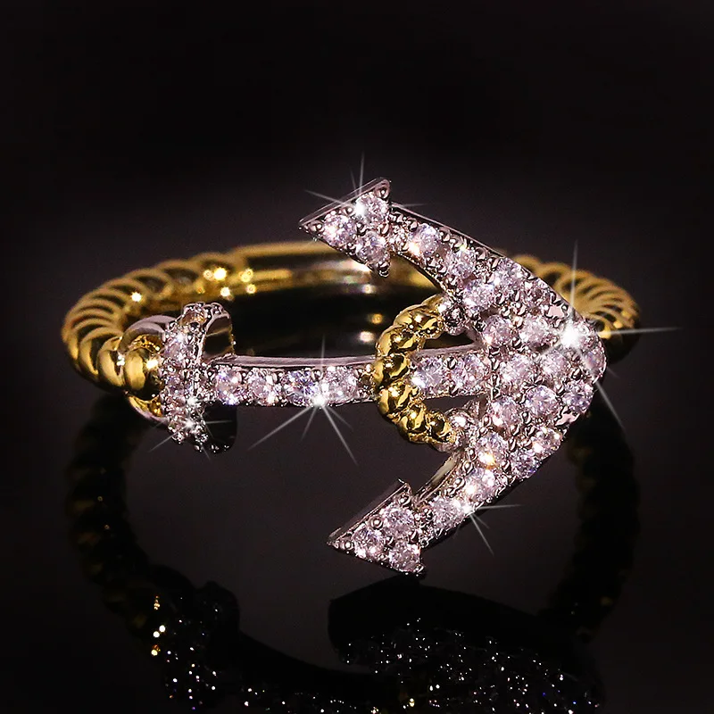 

Unique 18K Gold Cutout Two-Tone Anchor Logo Arrow Full Diamond Couple Ring For Women Geometry Halloween Gift Party Jewelry