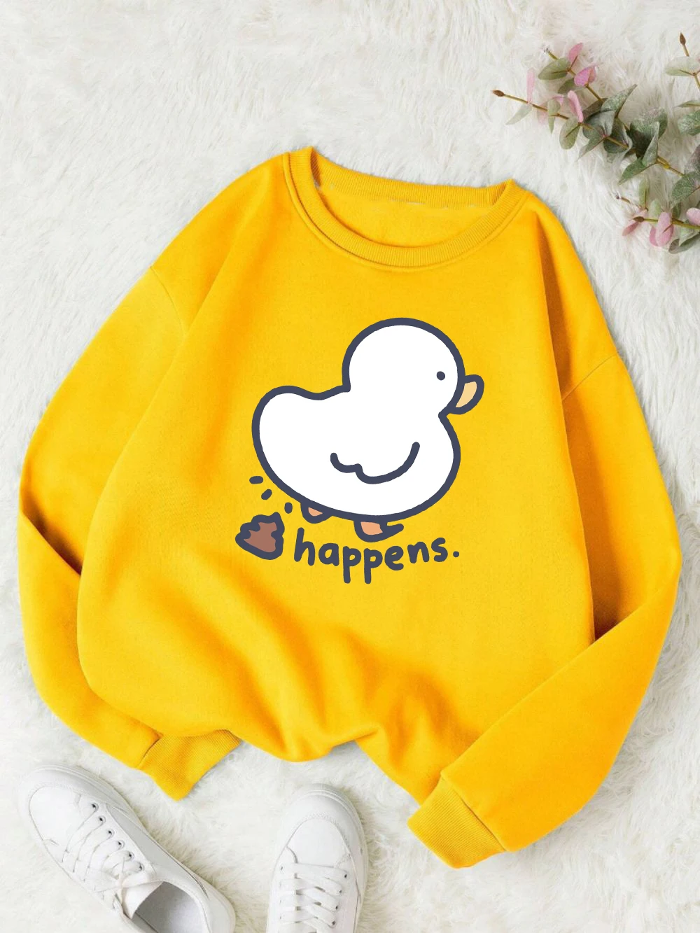 

Funny Duck Sweatshirt Women Cartoons Animal Printing Hoodies Loose Fleece Warm Crewneck Clothes Casual White Womans Pullover