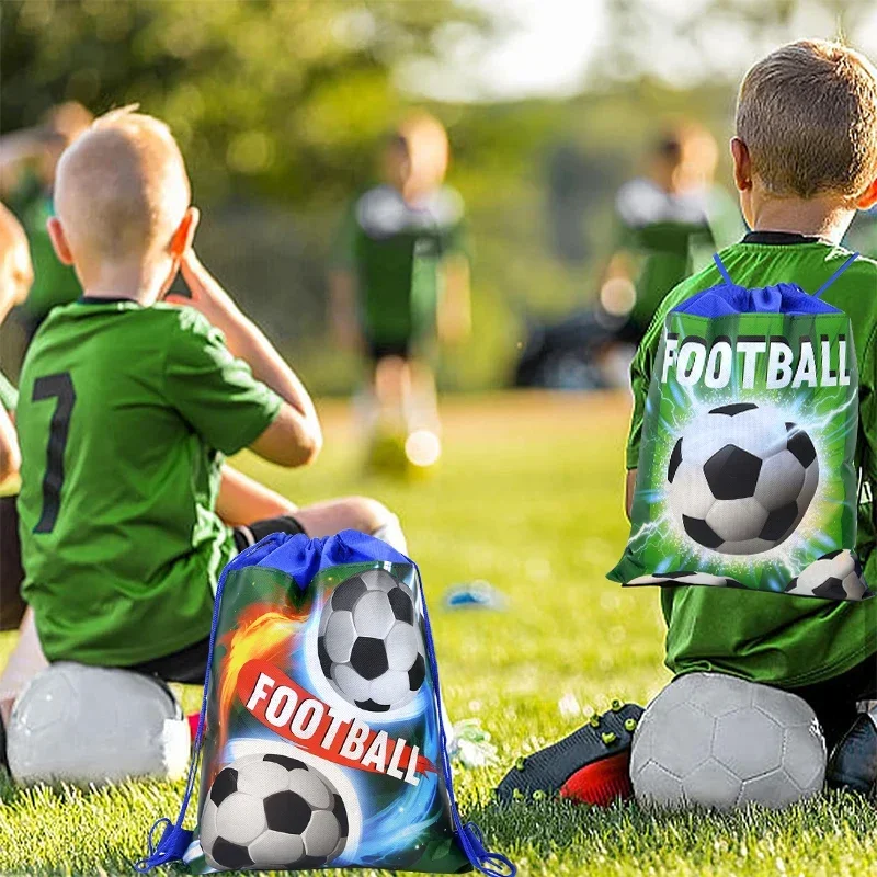 

6Pcs Football Theme Gift Bags Non-woven Soccer Drawstring Goodie Bag Backpack Kids Sports Birthday Party Favors Decor Supplies