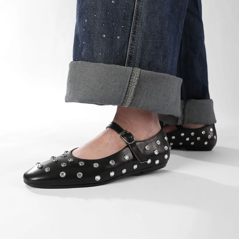 

Ballet Flat Shoes Woman Metal Rivet Square Toe Loafers Buckle Mary Jane Fashion Shallow Flats Shoes Comfortable Leather Loafer