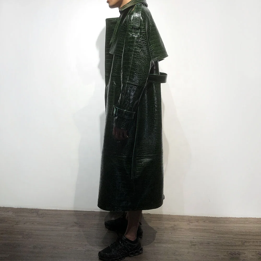 Crocodile Pattern Male Long Real Leather Coat Mens Leather Trench Coat Overcoat