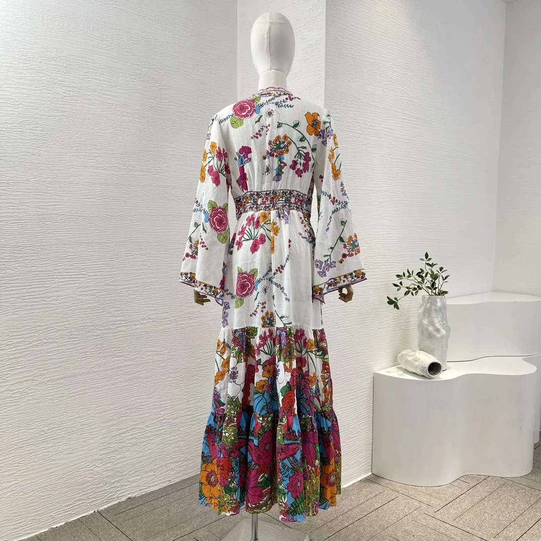 2024 Women  High Quality White Flowers Print Bell Long Sleeve Deep V Neck Ruched Midi Dress