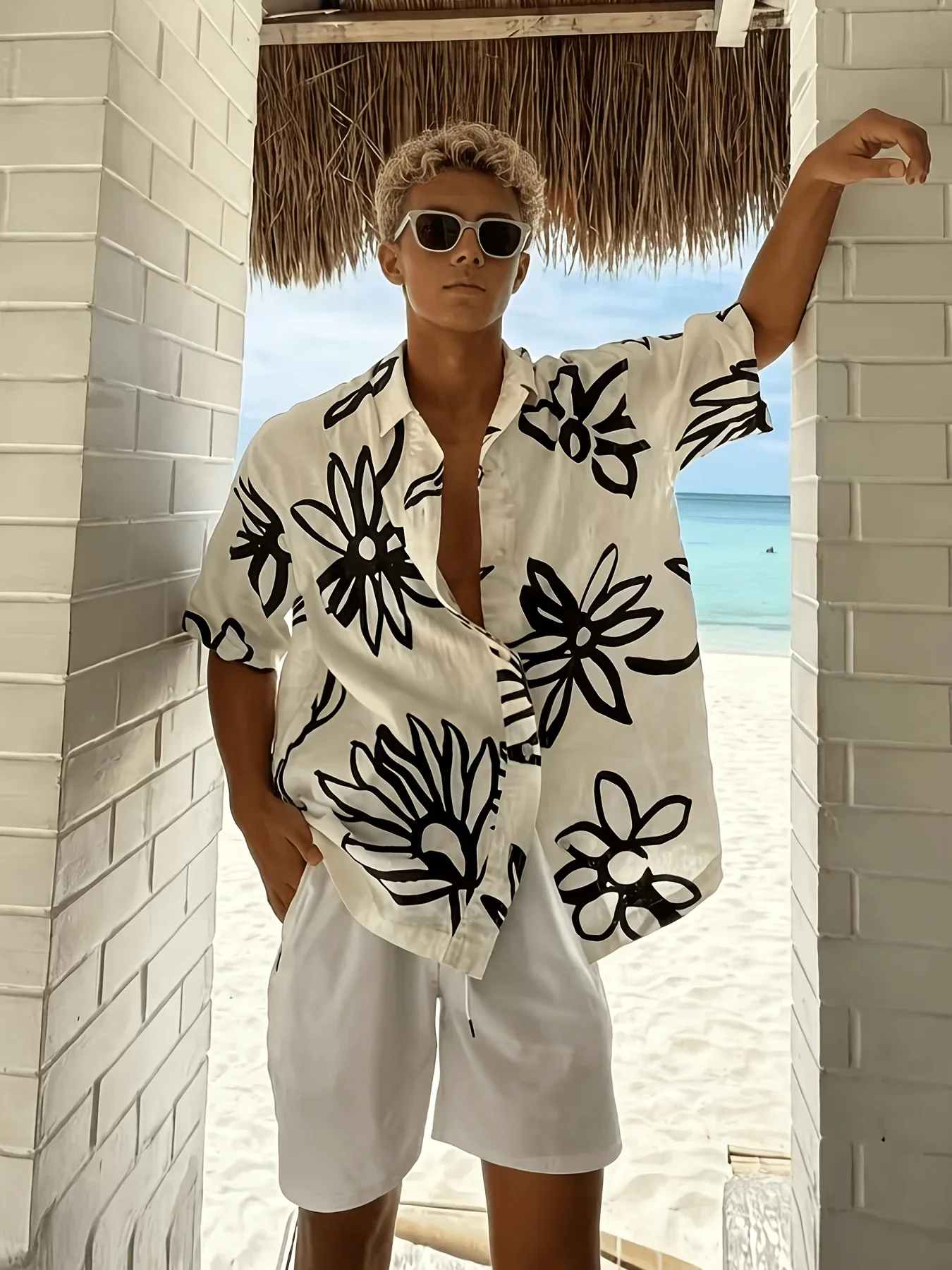 Men Oversized Aloha Hawaiian Shirt Black Line Floral Print Short Sleeve Beach Vacation Button Up Blouse