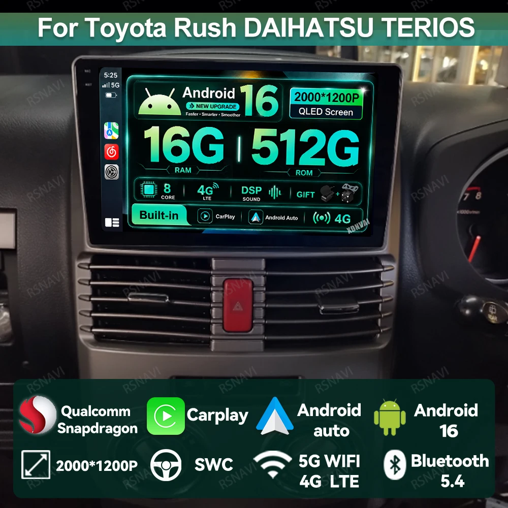 Radio para Auto Android 16 para Toyota Rush DAIHATSU TERIOS, Reproductor de DVD, DSP, BT, Video, Estéreo, Qualcomm 5G, WIFI, Carplay Inalámbrico, Auto QLED